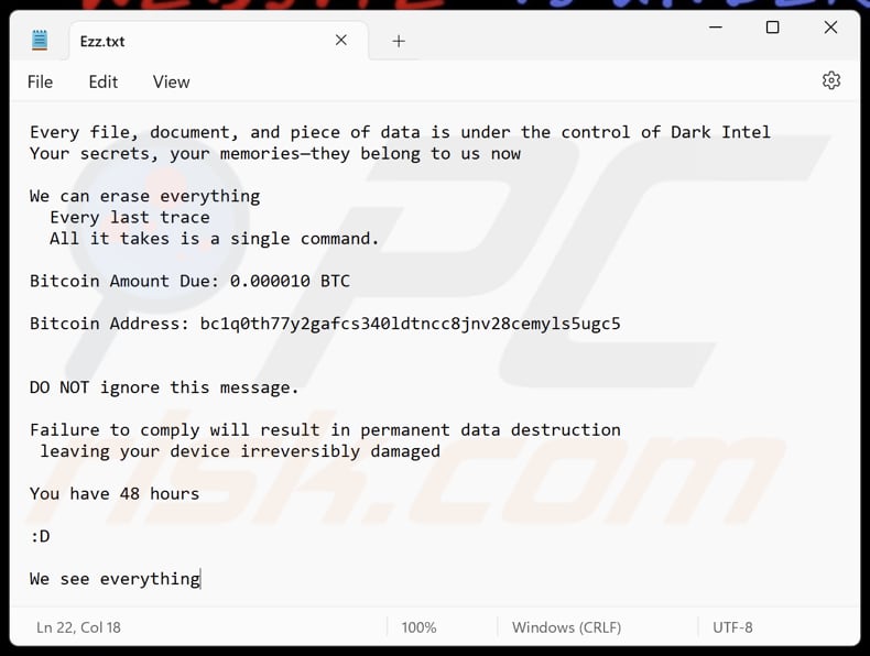 Dark Intel ransomware ficheiro de texto (Ezz.txt)