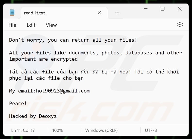 Deoxyz ransomware nota de resgate (read_it.txt)