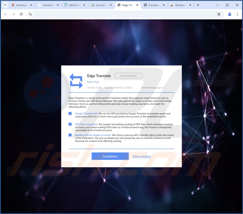 Site que promove o adware Equalizer para o navegador Chrome