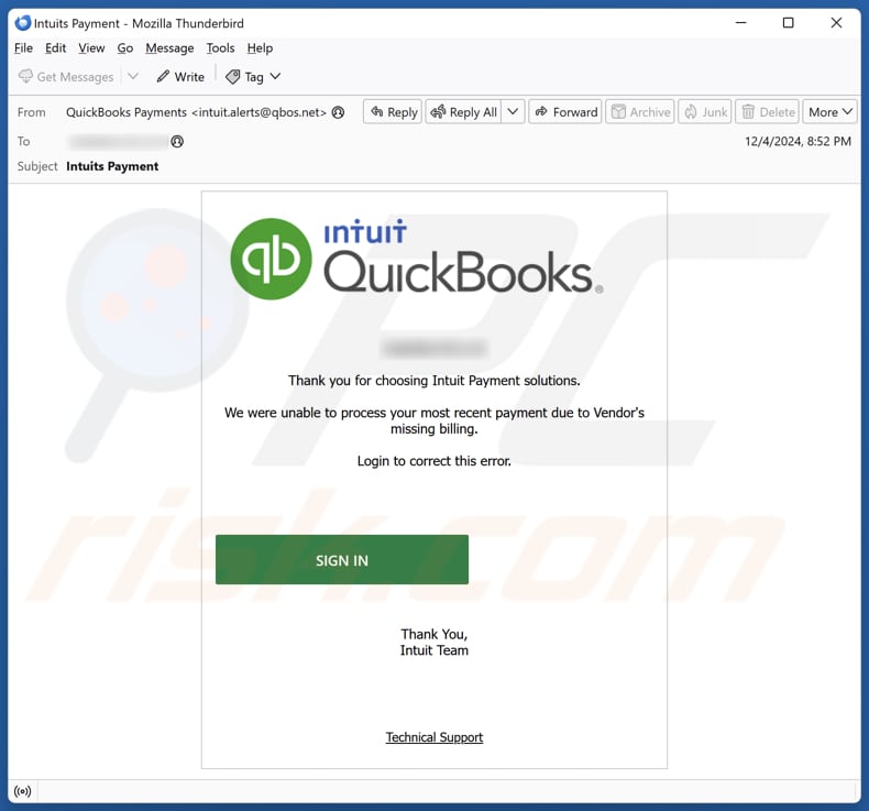 Intuit QuickBooks - Unable To Process Payment campanha de spam por correio eletrónico