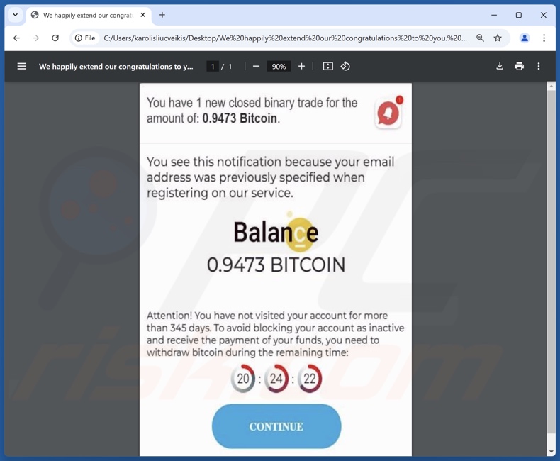 Nadex - Bitcoin Balance anexo de correio eletrónico para promoção de spam