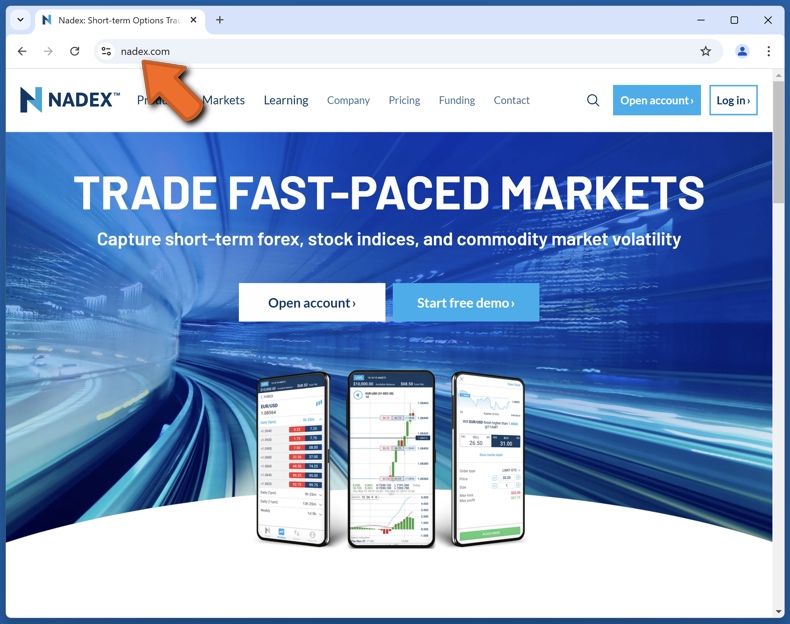 Aspeto do sítio Web real da Nadex (nadex.com)