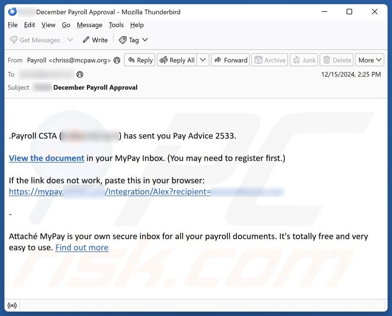 Pay Advice campanha de spam por correio eletrónico