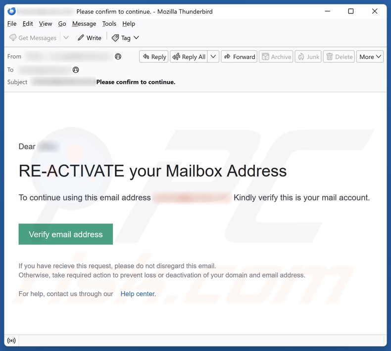 Re-Activate Your Mailbox Address campanha de spam por correio eletrónico