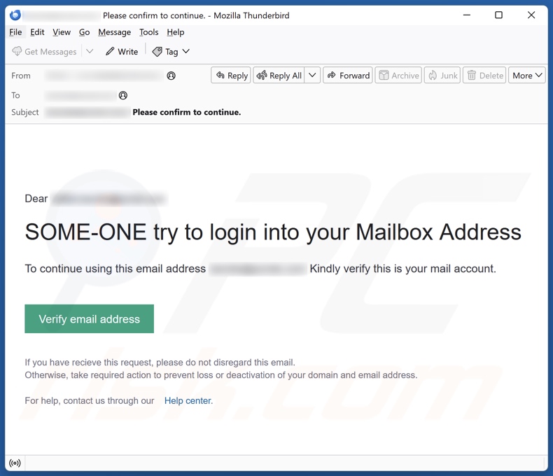 Some-one Try To Login Into Your Mailbox Address campanha de spam por correio eletrónico