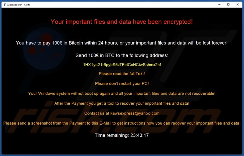 Vulcan ransomware nota de resgate (pop-up janela)