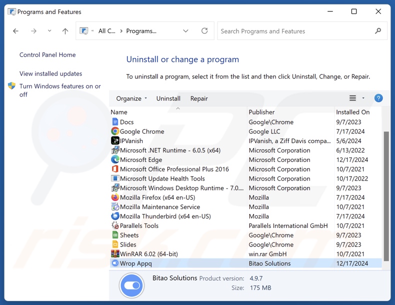 Desinstalação do Wrop Appq através do Painel de Controlo