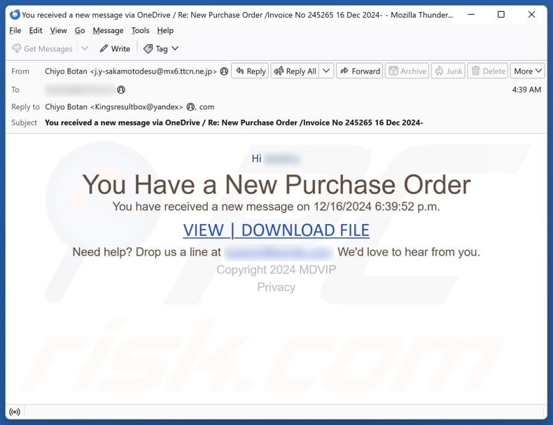 You Have A New Purchase Order campanha de spam por correio eletrónico