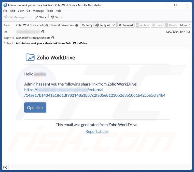 Zoho WorkDrive campanha de spam por correio eletrónico