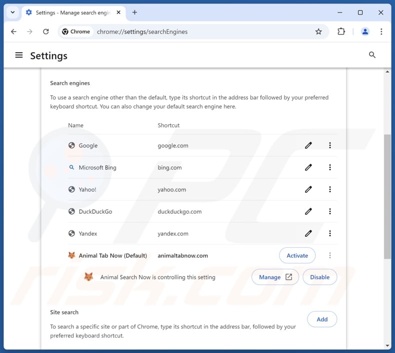 Remoção do animaltabnow.com do motor de busca predefinido do Google Chrome