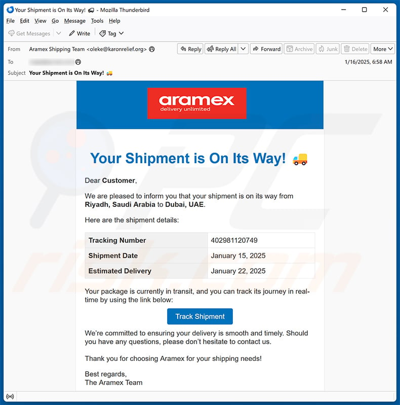 Correio eletrónico de spam com tema da Aramex (2025-01-16)