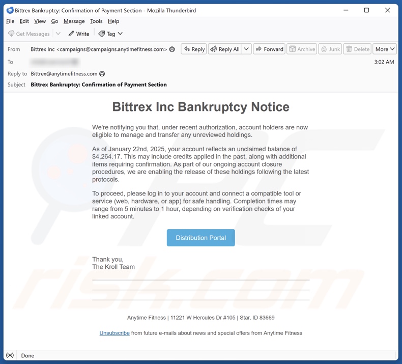 Bittrex Inc Bankruptcy Notice campanha de spam por correio eletrónico