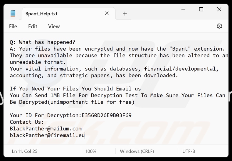 BlackPanther ransomware nota de resgate (Bpant_Help.txt)