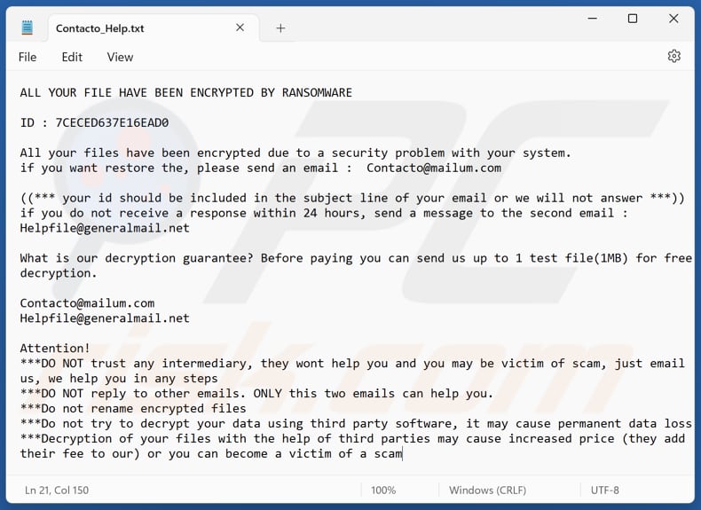 Contacto ransomware ficheiro de texto (Contacto_Help.txt)