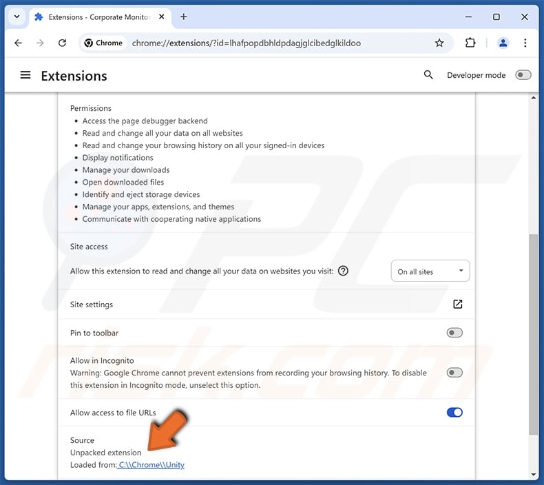 Corporate Monitoring Tool detalhes da extensão do browser