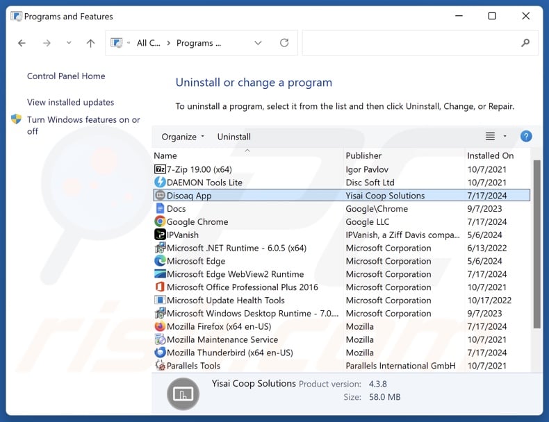 Disoaq App desinstalar via Control Panel