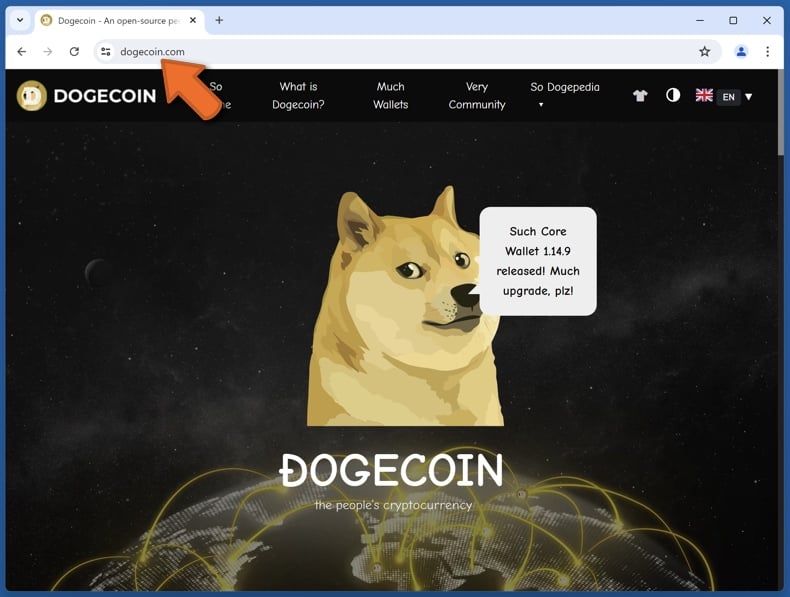 Aparência do verdadeiro sítio Web da Dogecoin (dogecoin.com)