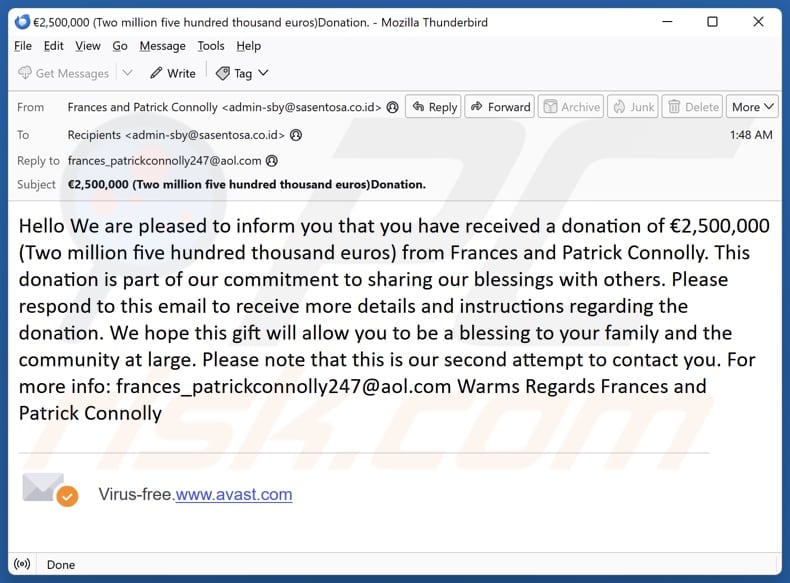 Donation From Frances and Patrick Connolly campanha de spam por correio eletrónico