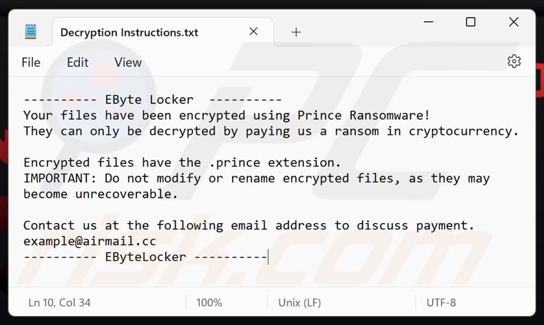 EByte Locker ficheiro de texto de ransomware (Decryption Instructions.txt)