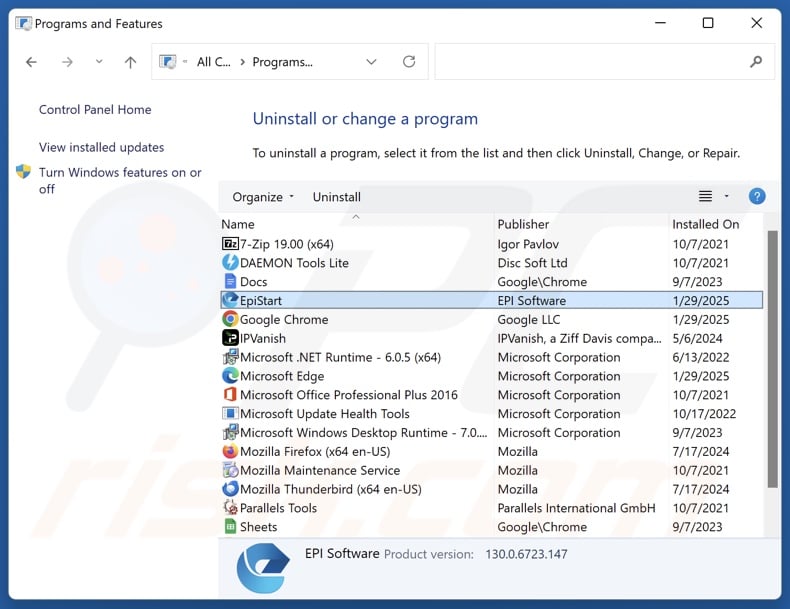 EpiStart (EpiBrowser) desinstalar via Control Panel