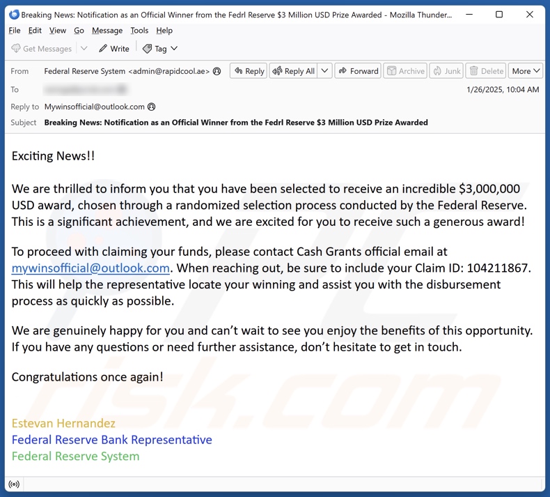 Federal Reserve Award campanha de spam por correio eletrónico
