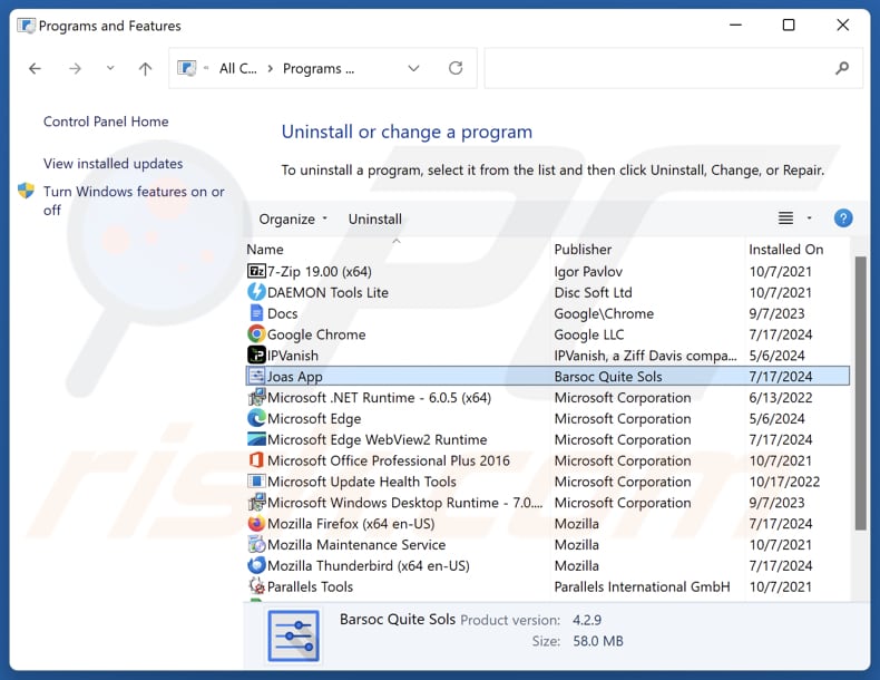 Joas App desinstalar via Control Panel