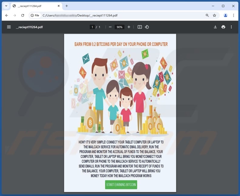 MailCach Bitcoin Earning esquema PDF anexado à mensagem de correio eletrónico
