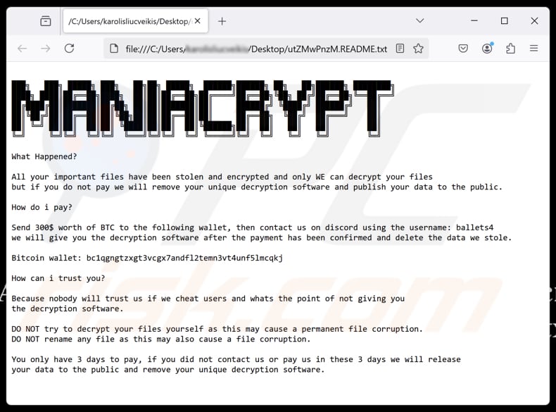 Mania Crypter ransomware ficheiro de texto ([random_string].README.txt)