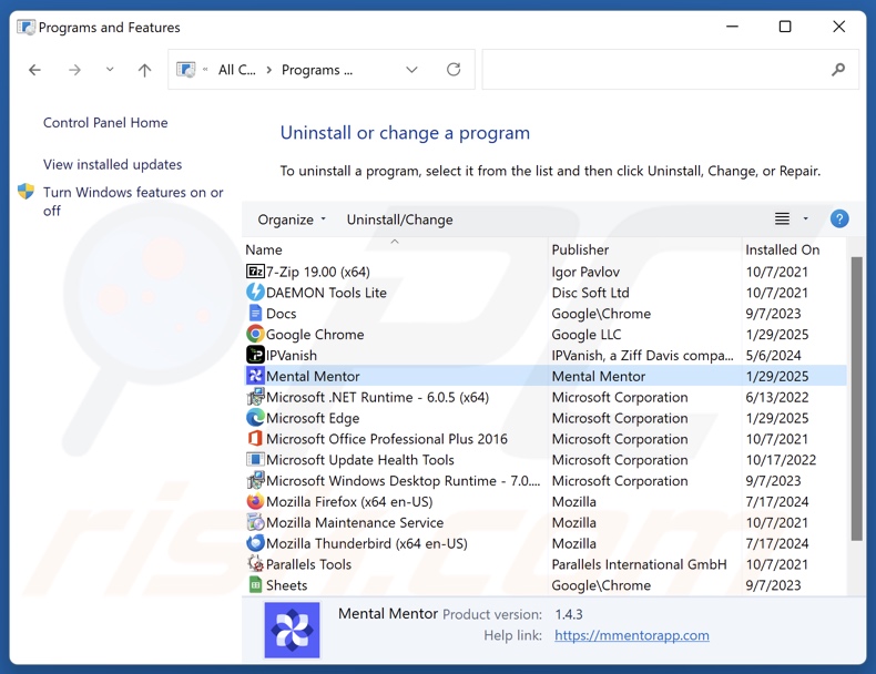Mental Mentor desinstalar via Control Panel