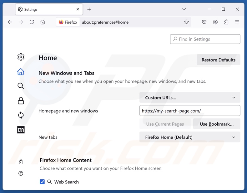 Removendo my-search-page.com da página inicial do Mozilla Firefox