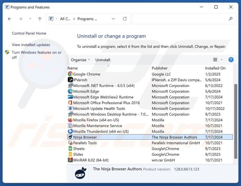 Desinstalação do Ninja Browser através do Painel de Controlo