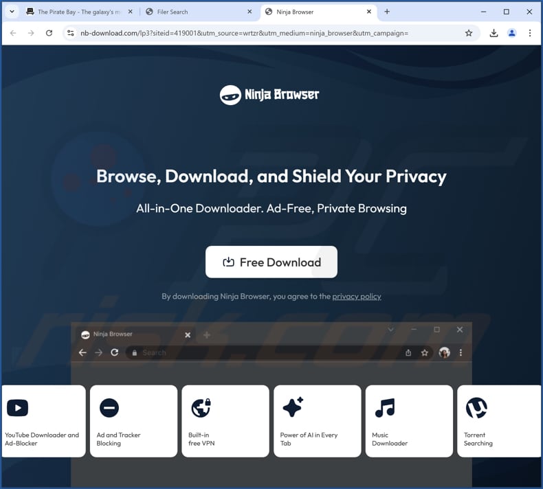 Sítio Web utilizado para promover o Ninja Browser