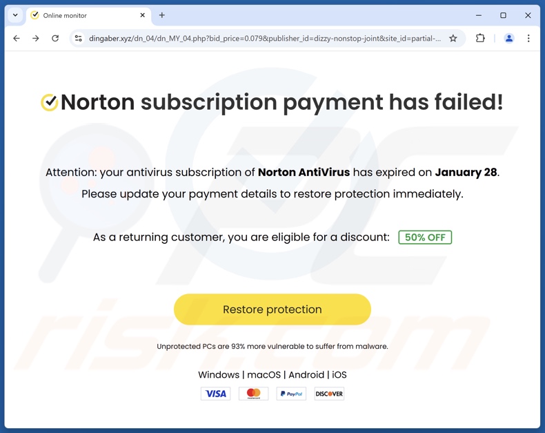 Norton Subscription Payment Has Failed fraude