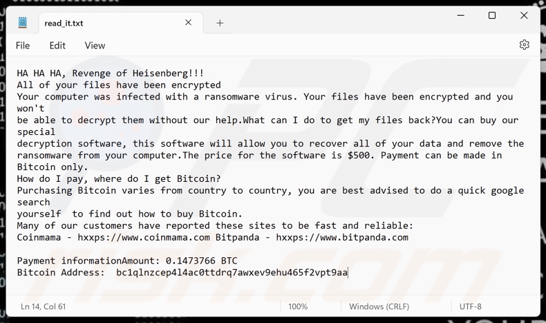 Revenge Of Heisenberg ransomware variante de nota de resgate (read_it.txt)