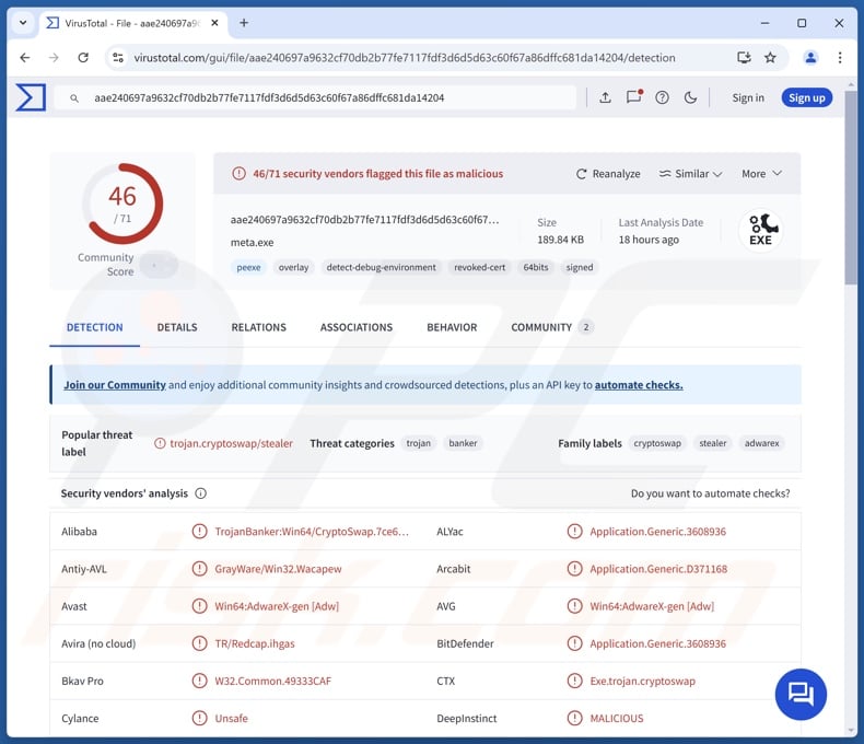 ScarletStealer malware detecções no VirusTotal