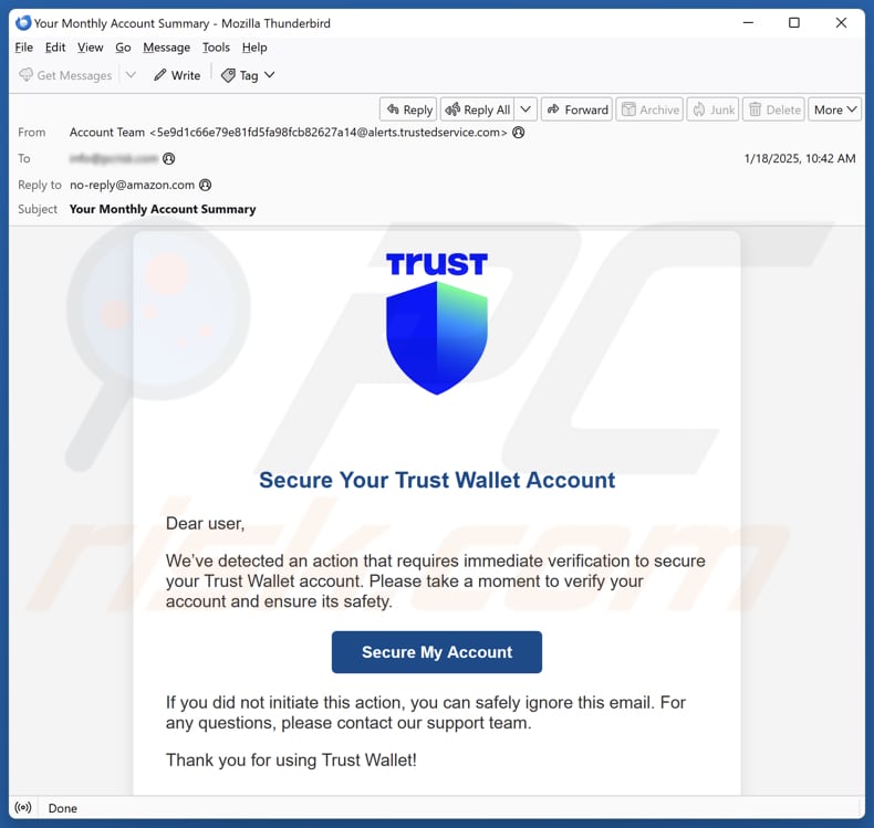 Secure Your Trust Wallet Account campanha de spam por correio eletrónico