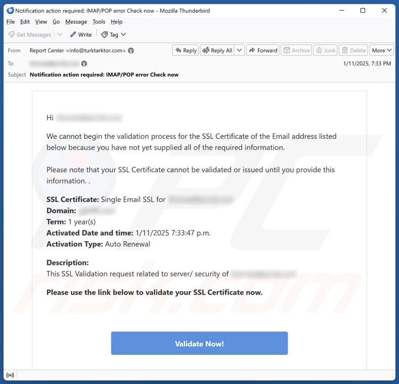 Validation Process For The SSL Certificate campanha de spam por correio eletrónico