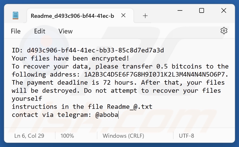 WeRus ransomware nota de resgate (Readme_[victim's_ID].txt)