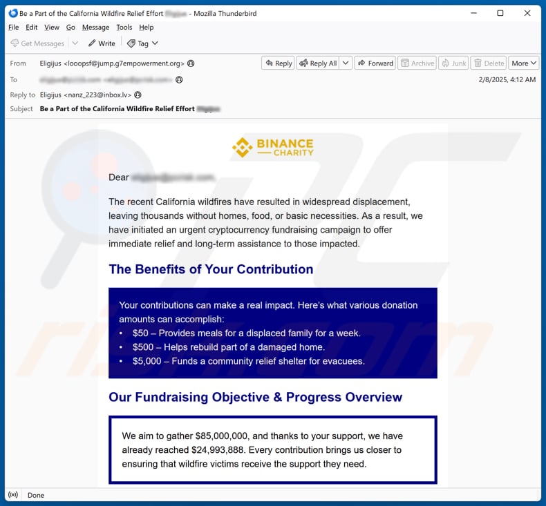 Binance Charity - California Wildfires Fundraiser campanha de spam por correio eletrónico