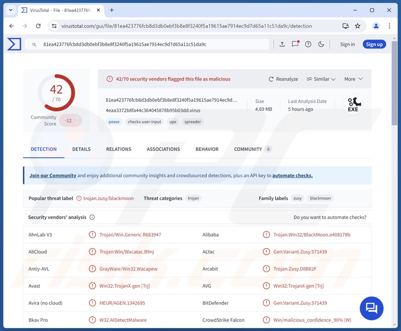 BlackMoon malware detecções no VirusTotal