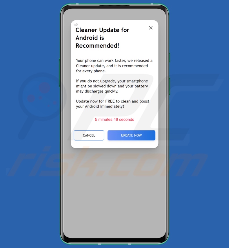 Cleaner Update For Android Is Recommended pop-up fraude