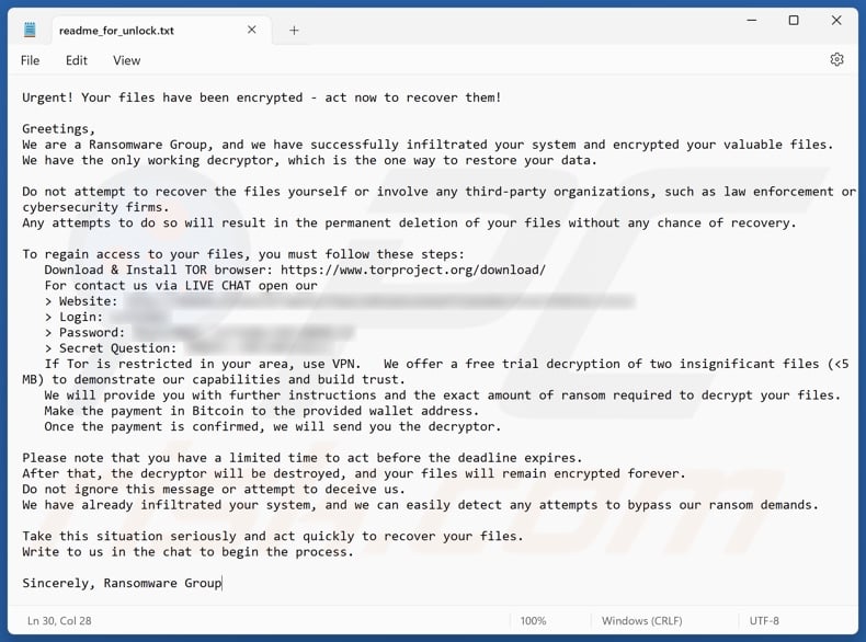 Cloak ransomware nota de resgate (readme_for_unlock.txt)