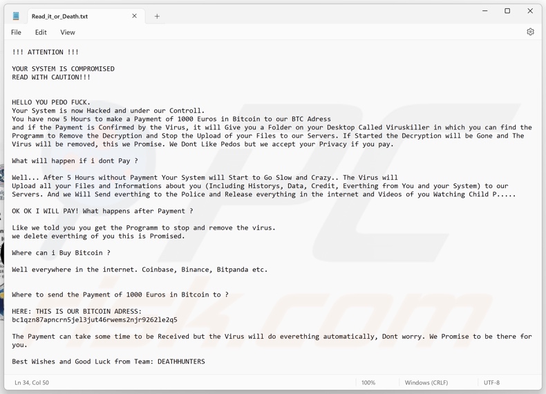 DeathHunters ransomware nota de resgate (Read_it_or_Death.txt)