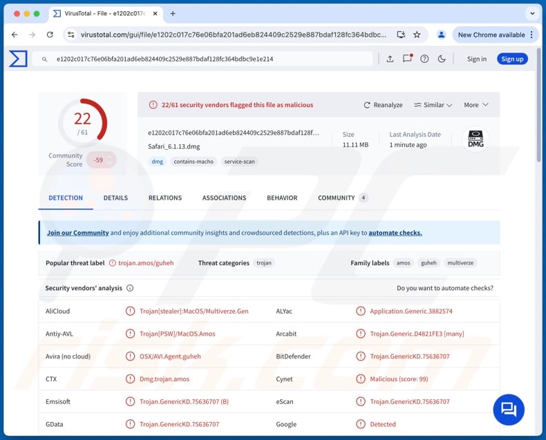 FrigidStealer detecções de malware no VirusTotal