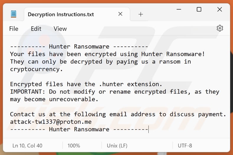 Hunter ransomware ficheiro de texto (Decryption Instructions.txt)