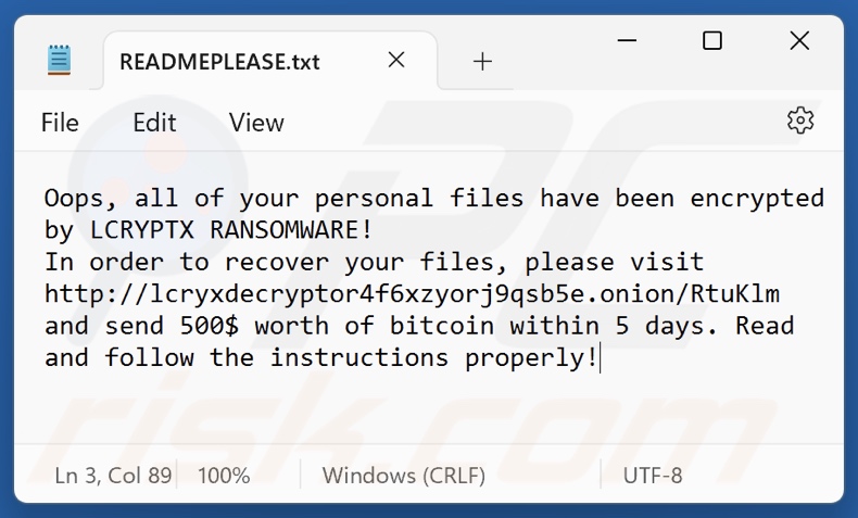 LCRYPTX ransomware nota de resgate (READMEPLEASE.txt)