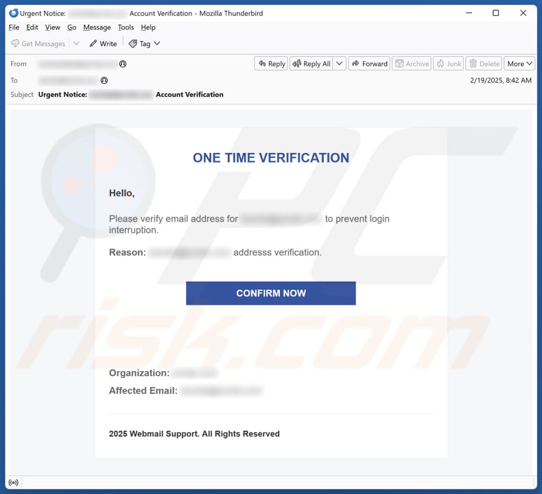 One Time Verification campanha de spam por correio eletrónico