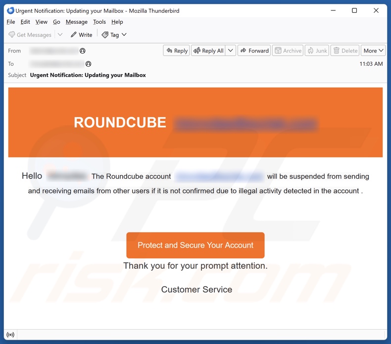 Roundcube Account Will Be Suspended campanha de spam por correio eletrónico