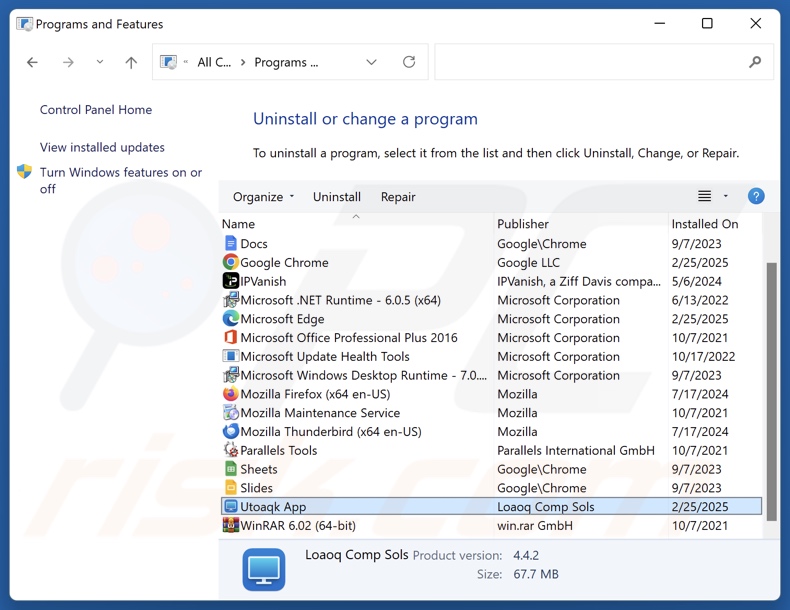 Utoaqk App desinstalar via Control Panel