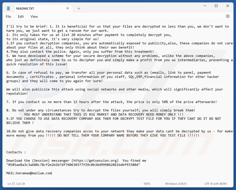 Boramae ransomware nota de resgate (README.TXT)